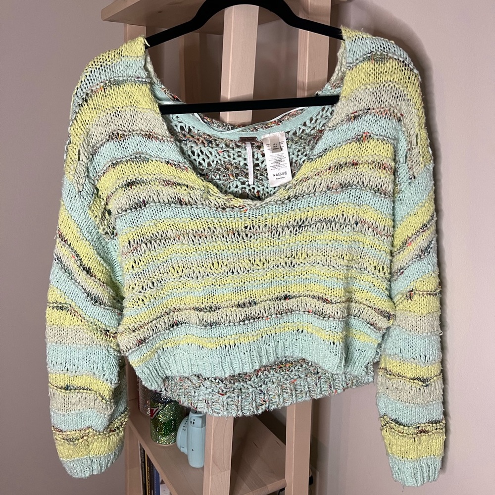 Free people mint and blue multicolor slouchy off the shoulder sweater size small